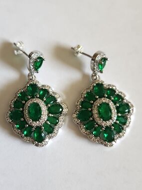New 925 Silver Oval Cut Emerald Diamond Dangle Drop Stud Earrings for Women